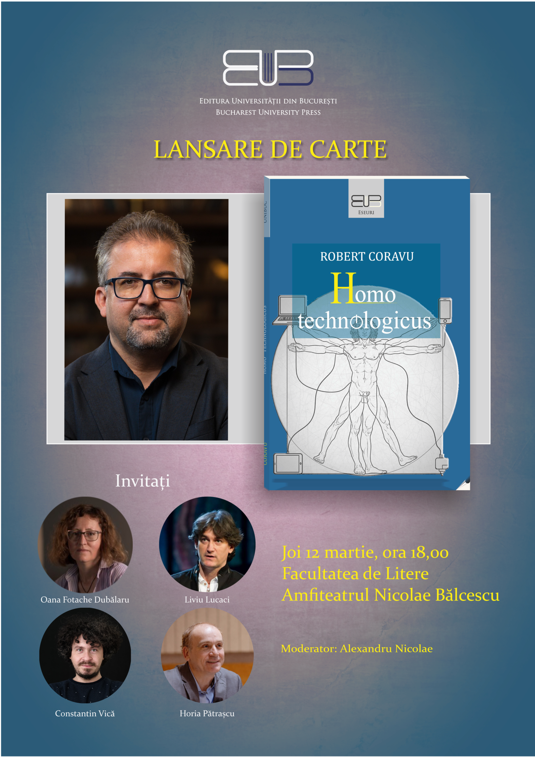 Afiș lansare Homo technologicus, Robert Coravu, 12 martie 2026